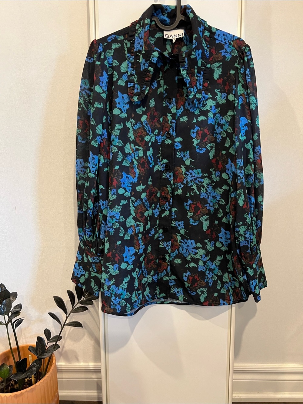 GANNI Meadow Azure Blue Puff Sleeve Button Up Blouse